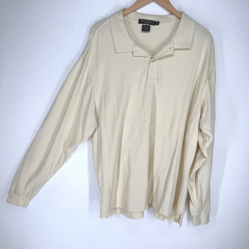 Daniel Cremieux  Mens XL Cream Cotton Long Sleeve Pique Polo Shirt Tailored